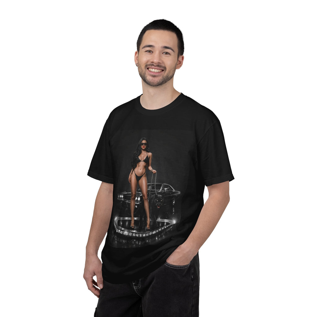 Pinup Car Show T-Shirt — Retro Bikini Model & Classic Muscle Car Graphic