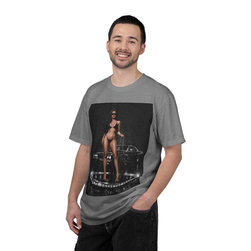 Pinup Car Show T-Shirt — Retro Bikini Model & Classic Muscle Car Graphic