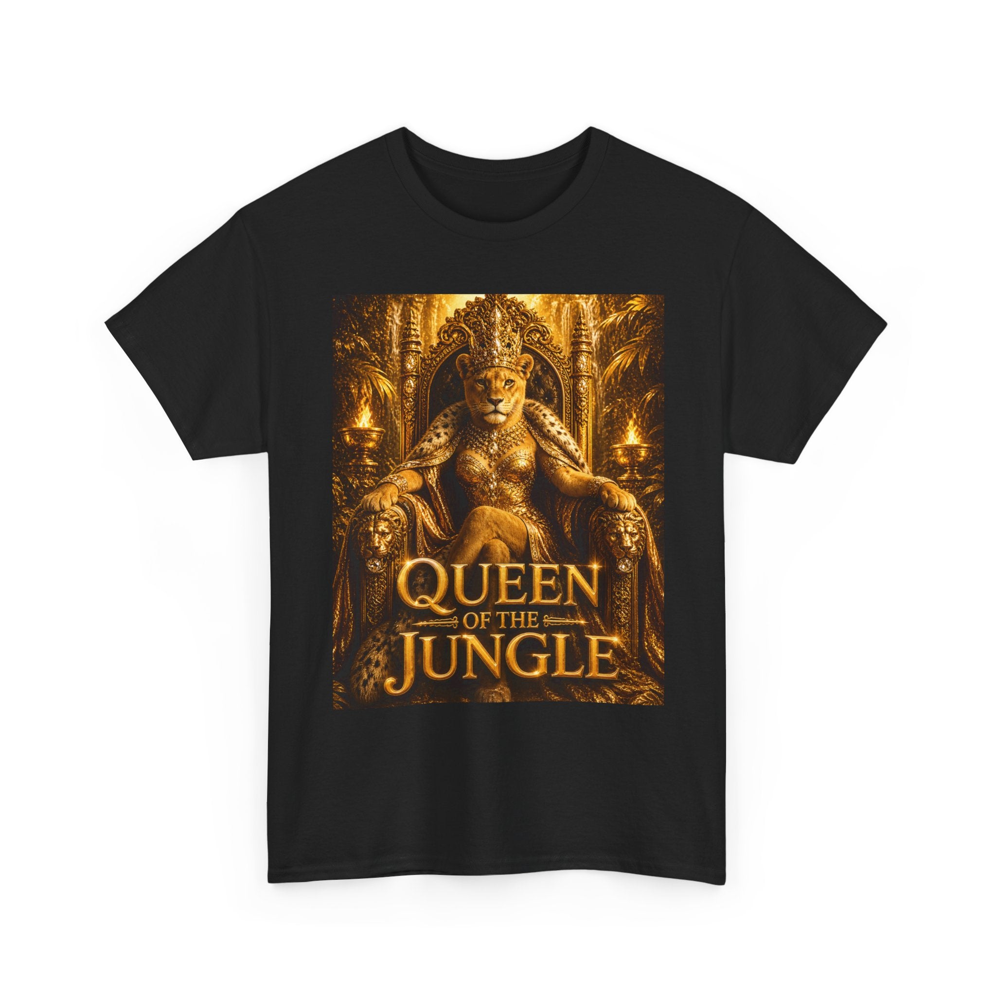 Queen of the Jungle T-Shirt — Gold Lioness Throne Graphic Tee
