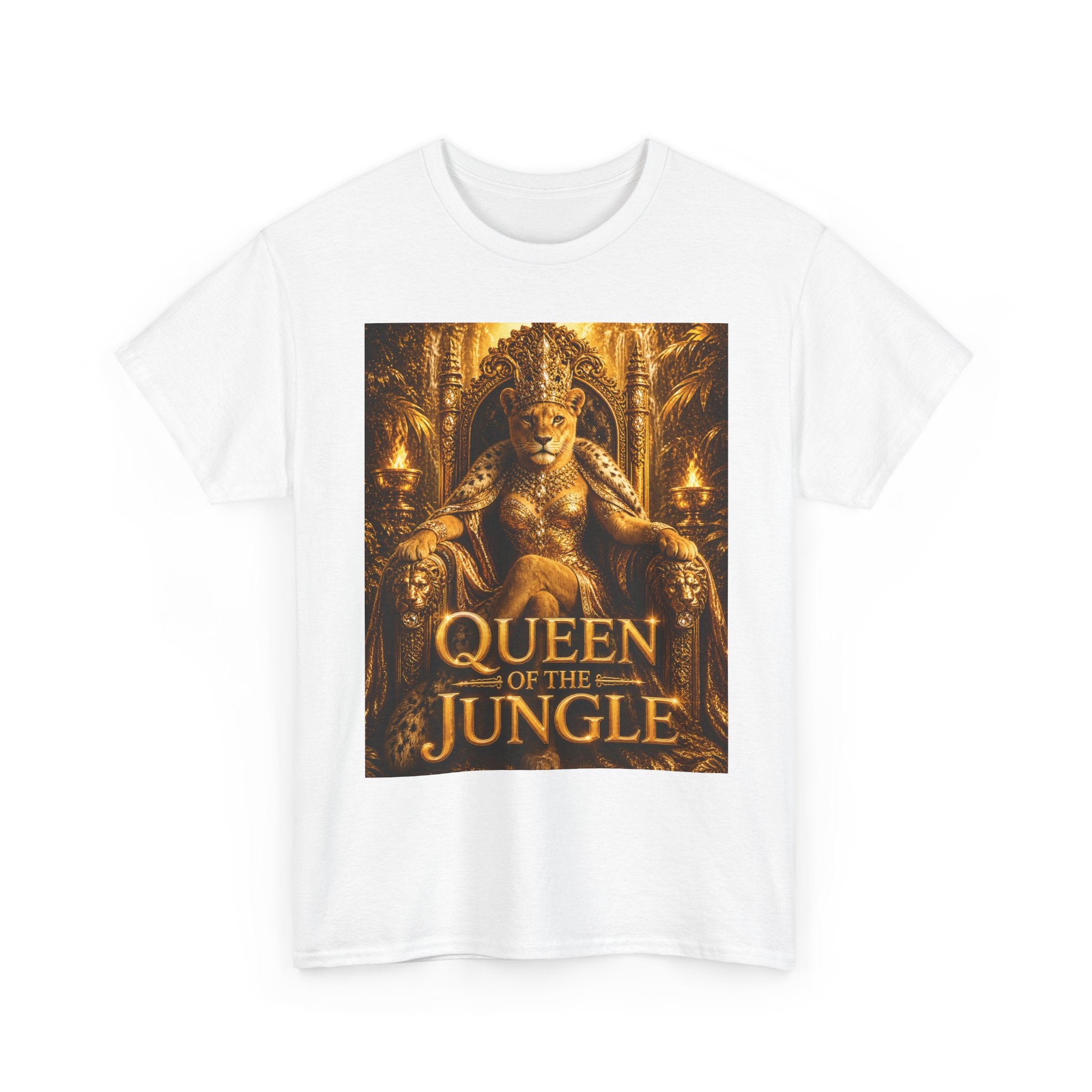 Queen of the Jungle T-Shirt — Gold Lioness Throne Graphic Tee