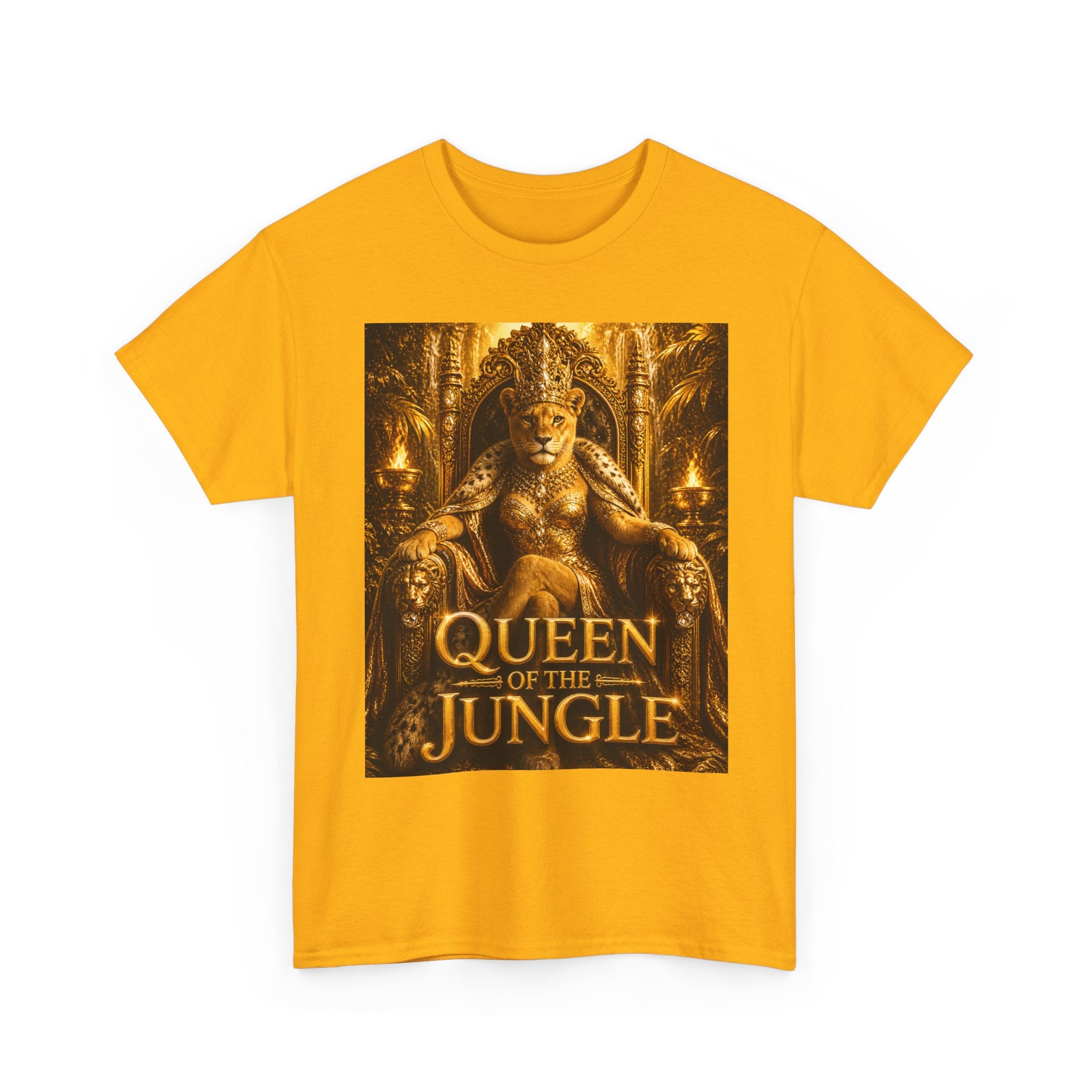 Queen of the Jungle T-Shirt — Gold Lioness Throne Graphic Tee