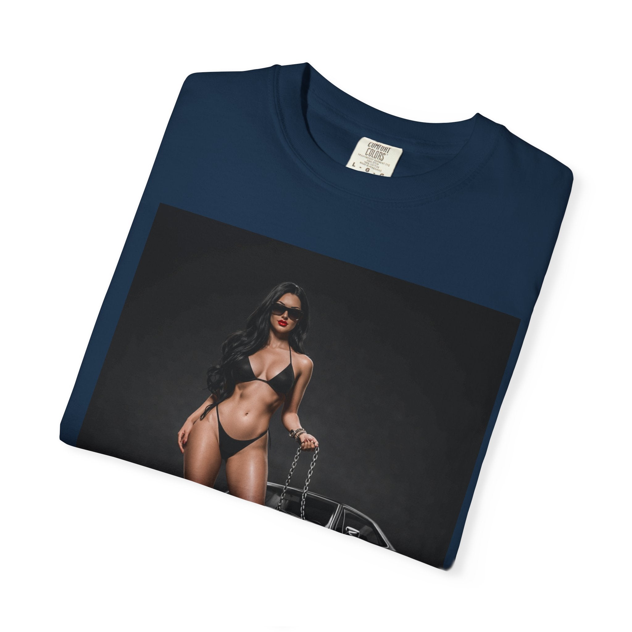 Pinup Car Show T-Shirt — Retro Bikini Model & Classic Muscle Car Graphic
