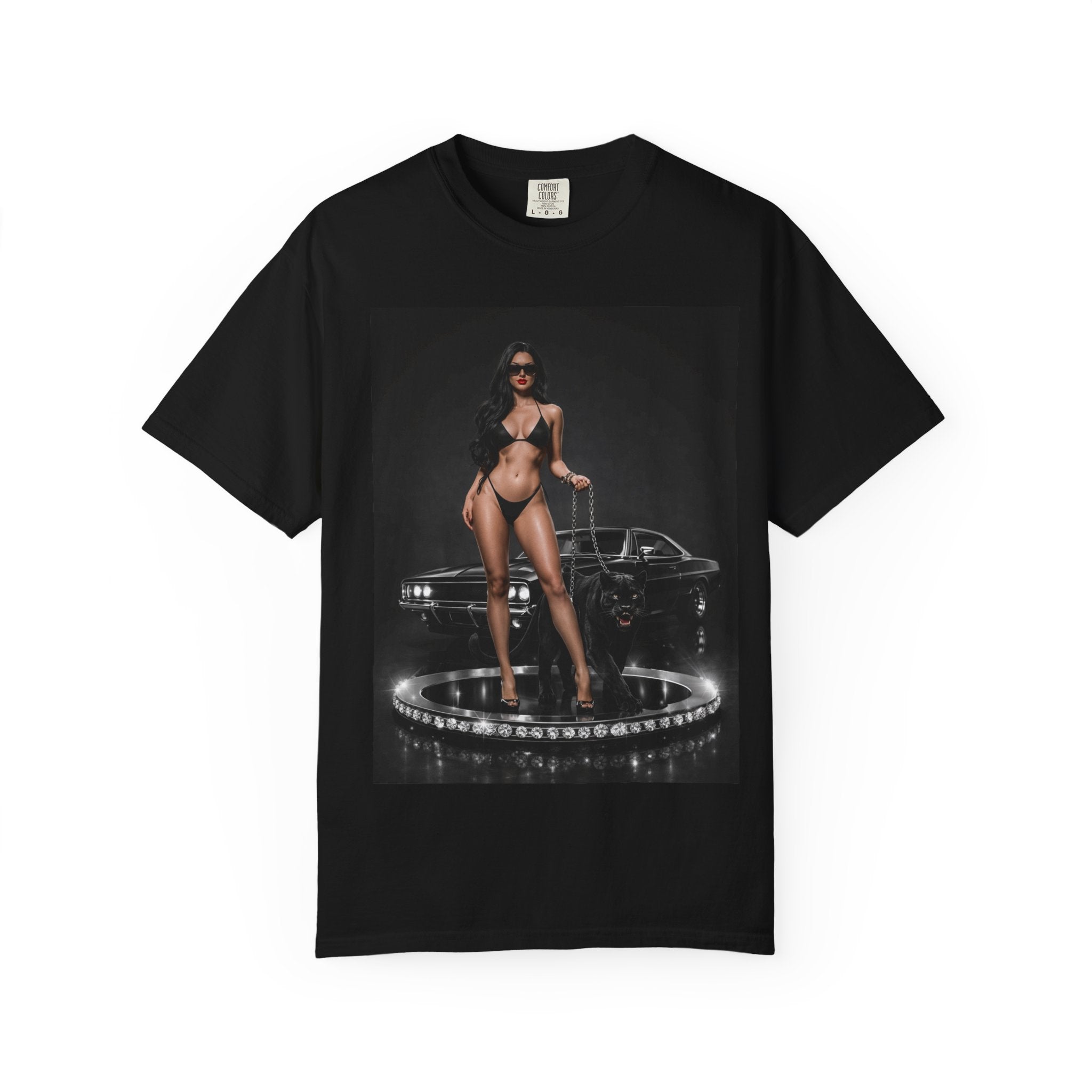 Pinup Car Show T-Shirt — Retro Bikini Model & Classic Muscle Car Graphic