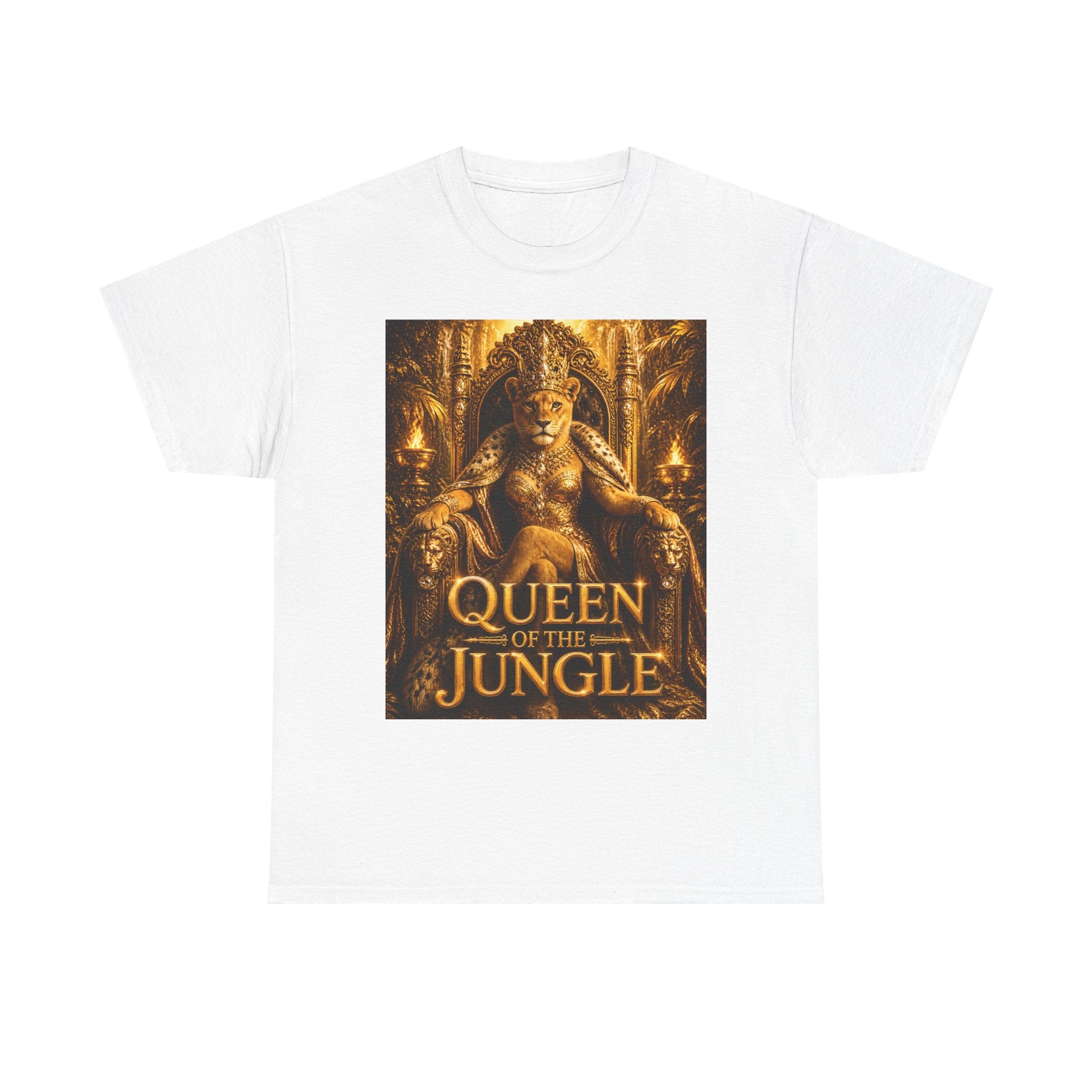 Queen of the Jungle T-Shirt — Gold Lioness Throne Graphic Tee