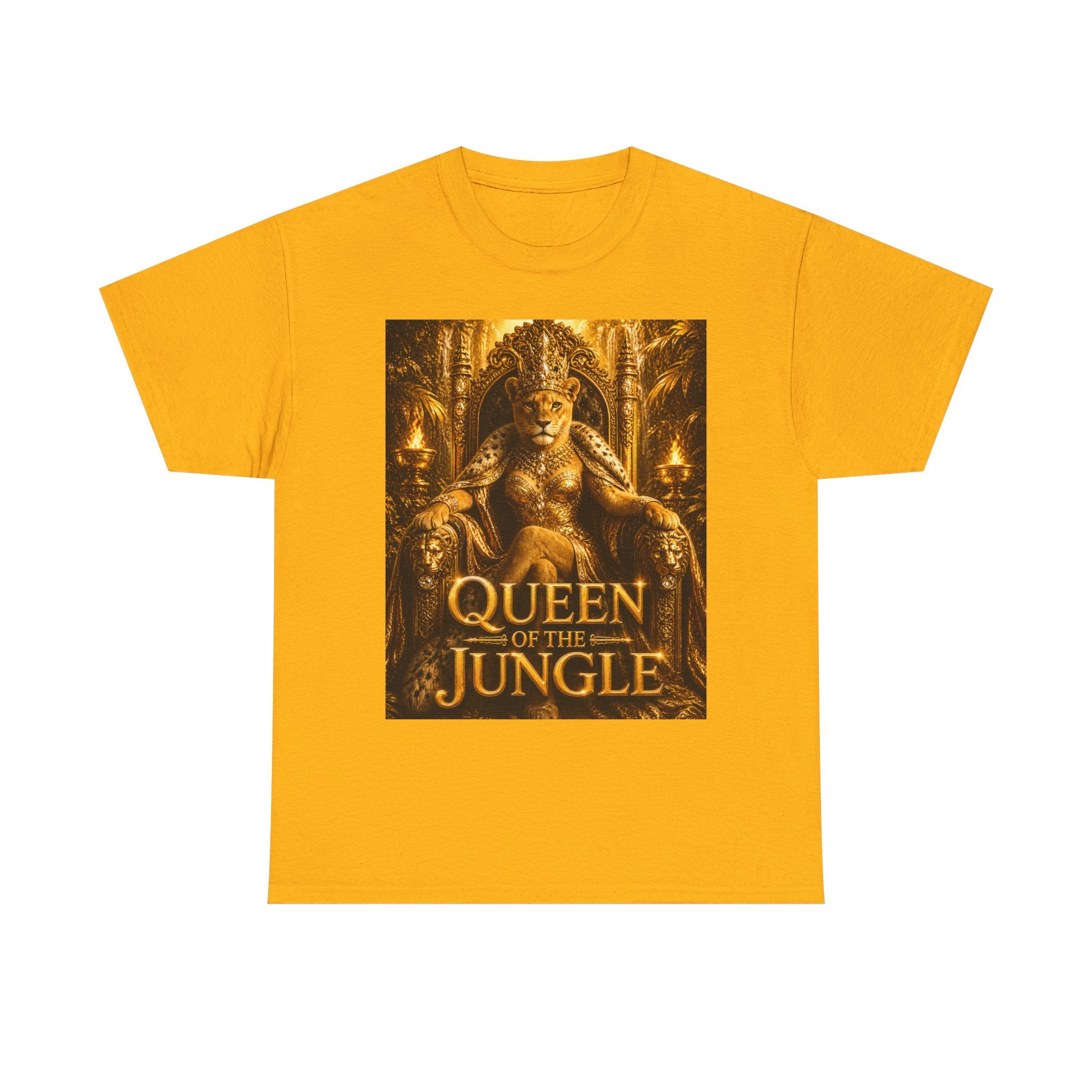 Queen of the Jungle T-Shirt — Gold Lioness Throne Graphic Tee
