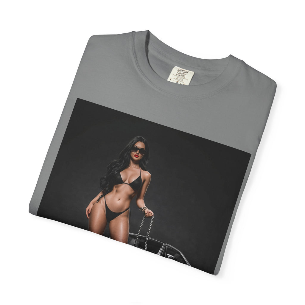 Pinup Car Show T-Shirt — Retro Bikini Model & Classic Muscle Car Graphic
