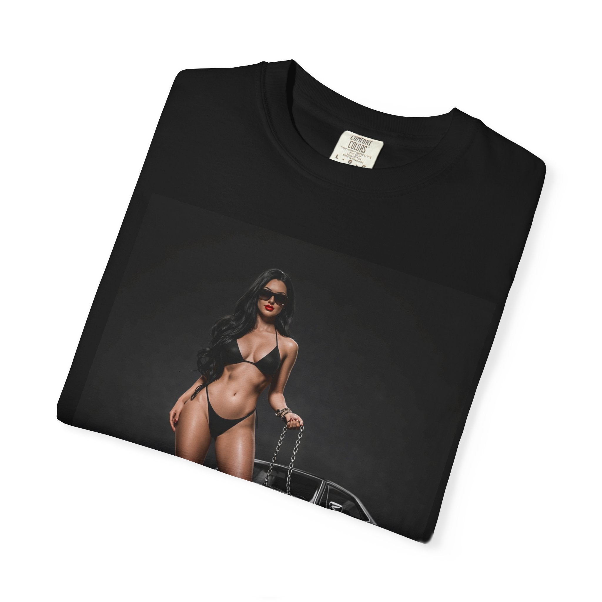Pinup Car Show T-Shirt — Retro Bikini Model & Classic Muscle Car Graphic