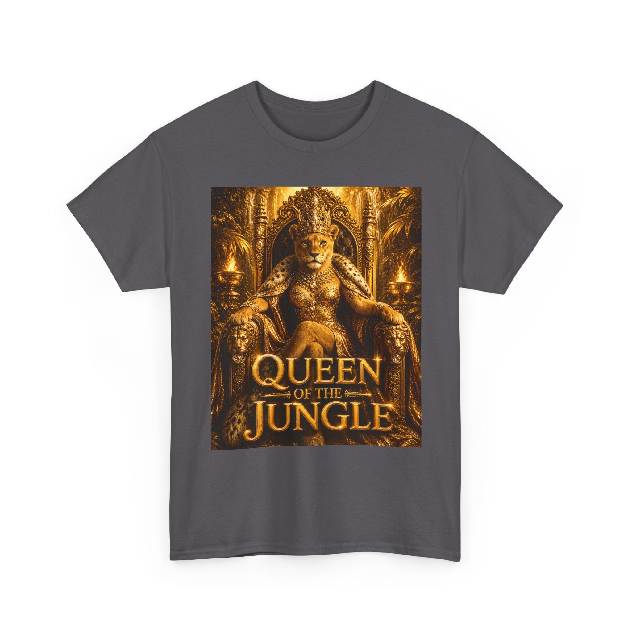 Queen of the Jungle T-Shirt — Gold Lioness Throne Graphic Tee